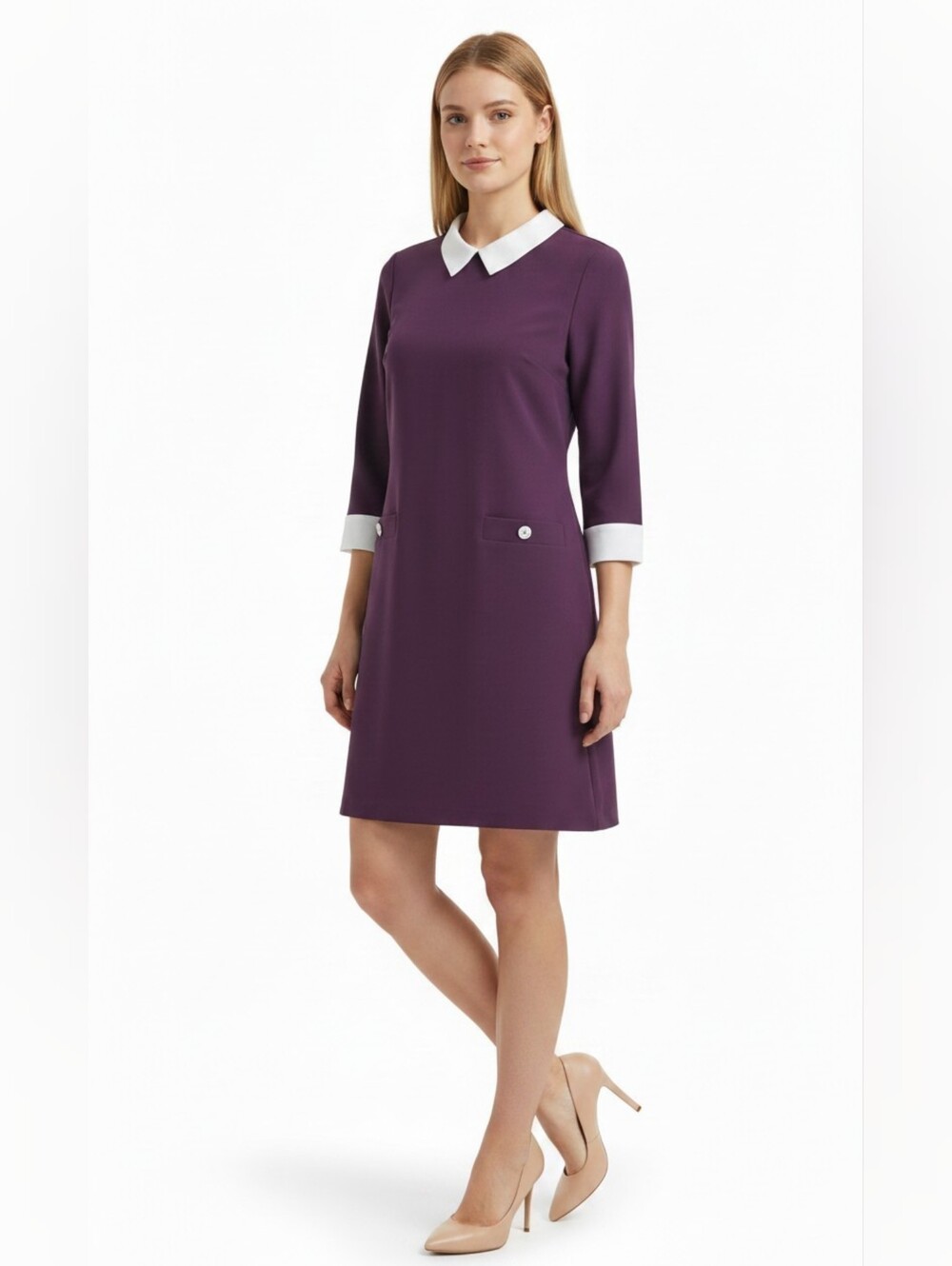 Tommy Hilfiger Purple A-Line White Collar And Trim Contrast Shift Dress Size 12 - Picture 2 of 6